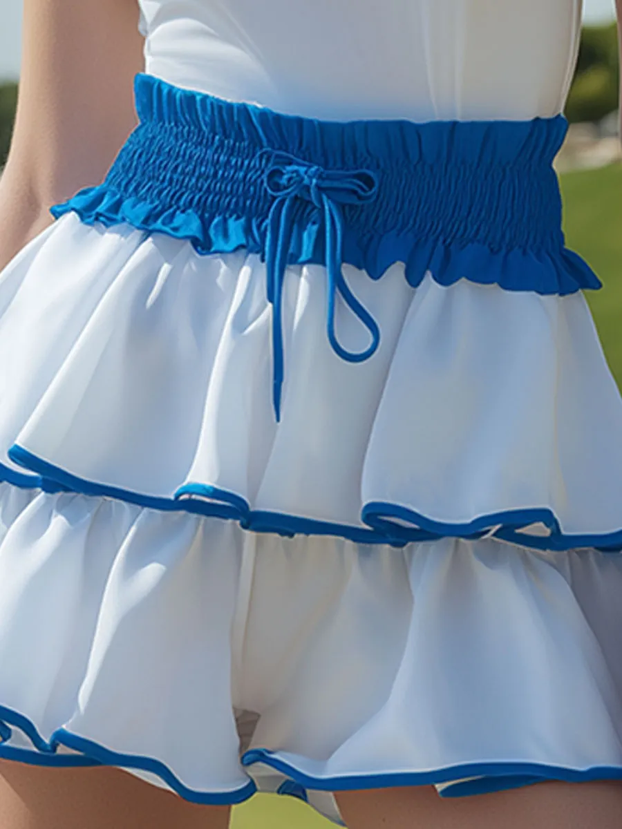 Casual Sporty Blue Trim White Sleeveless Top And Ruffled Shorts Set sold by Oyrosy product image thumbnail 4