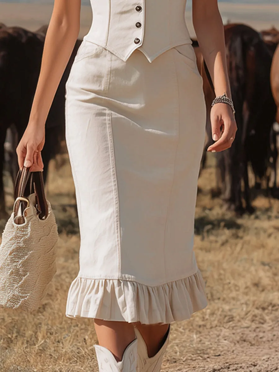 Retro-style Vest And Ruffled Skirt Denim Suit sold by Oyrosy product image thumbnail 4