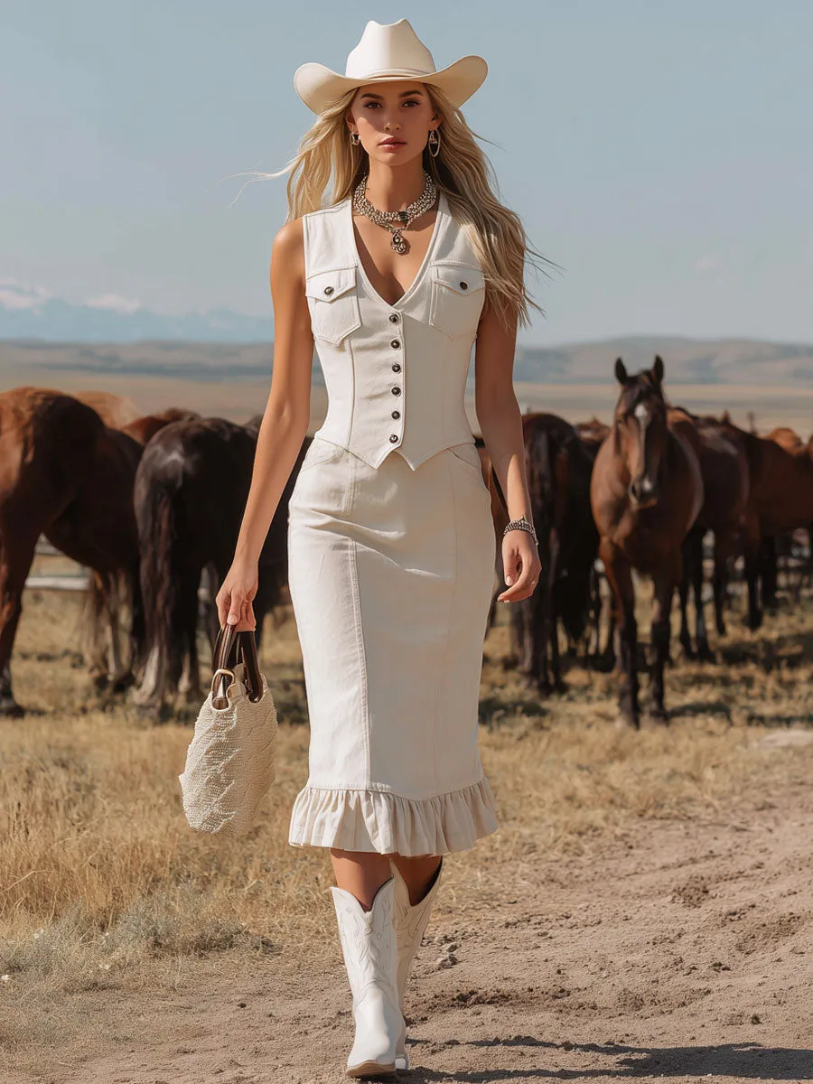 Retro-style Vest And Ruffled Skirt Denim Suit sold by Oyrosy product image thumbnail 2