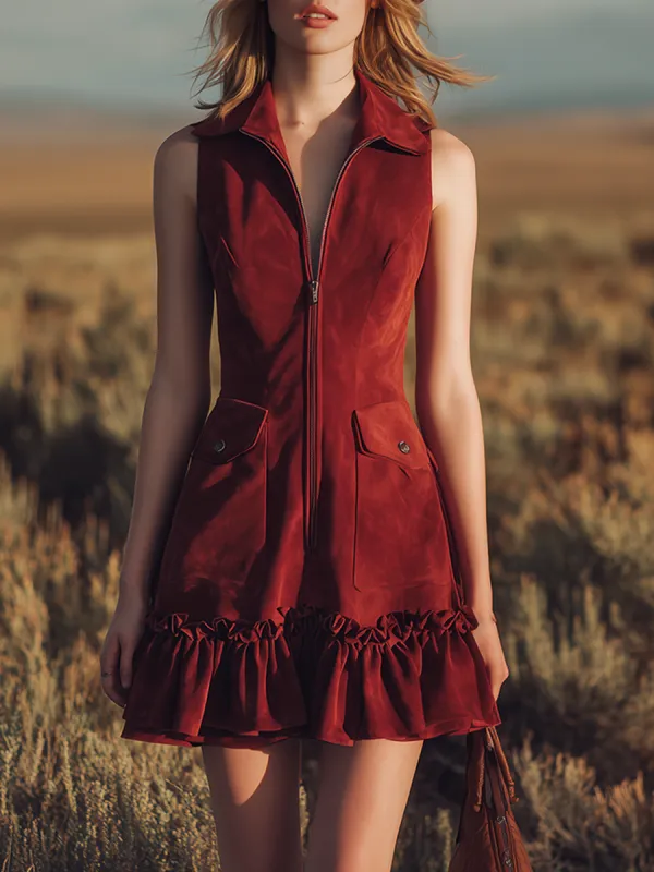 Retro-style Collared Sleeveless Ruffled Zipper Faux Suede Mini Dress sold by Oyrosy