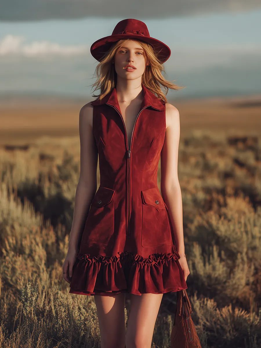 Retro-style Collared Sleeveless Ruffled Zipper Faux Suede Mini Dress sold by Oyrosy product image thumbnail 4