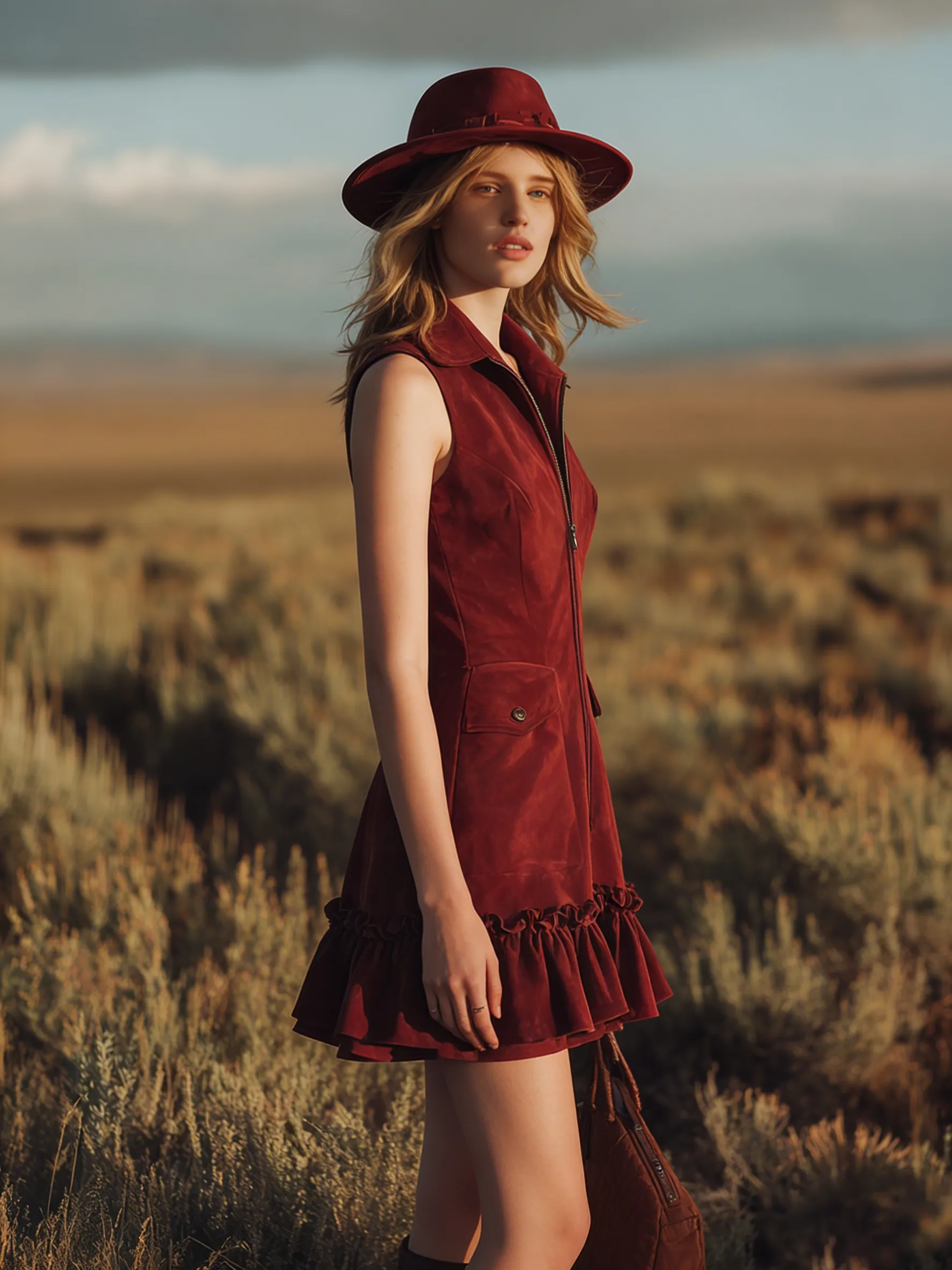 Retro-style Collared Sleeveless Ruffled Zipper Faux Suede Mini Dress sold by Oyrosy product image thumbnail 2