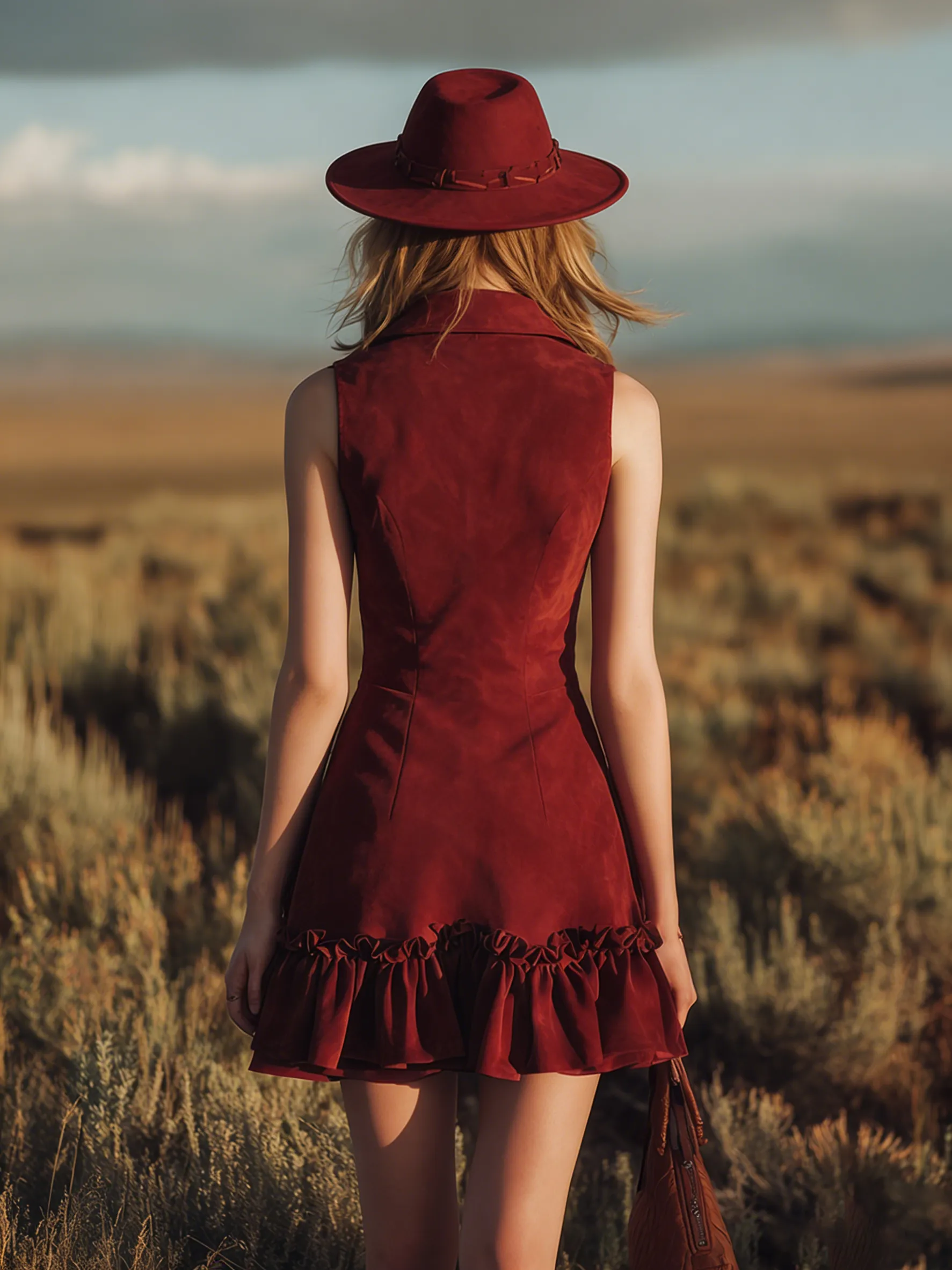 Retro-style Collared Sleeveless Ruffled Zipper Faux Suede Mini Dress sold by Oyrosy product image thumbnail 3