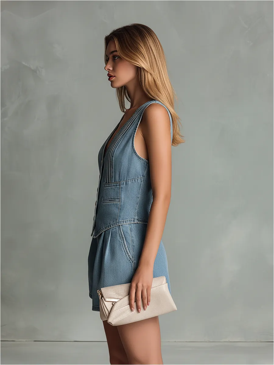 Stylish And Casual V-neck Sleeveless Button-down Top And Shorts Set sold by Oyrosy product image thumbnail 2