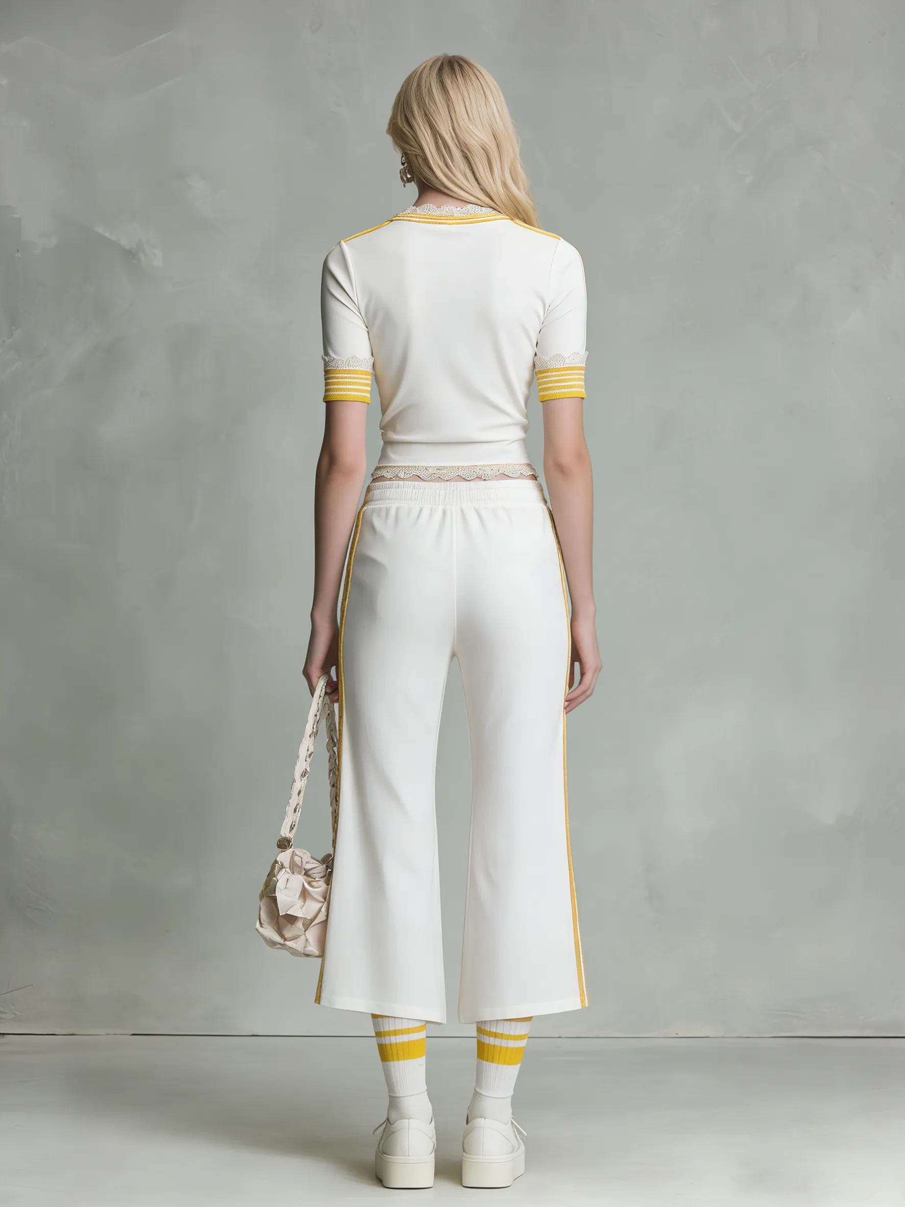 Fashionable Sporty V-neck Lace-trimmed Short-sleeved Top And Capri Pants Set sold by Oyrosy product image thumbnail 3