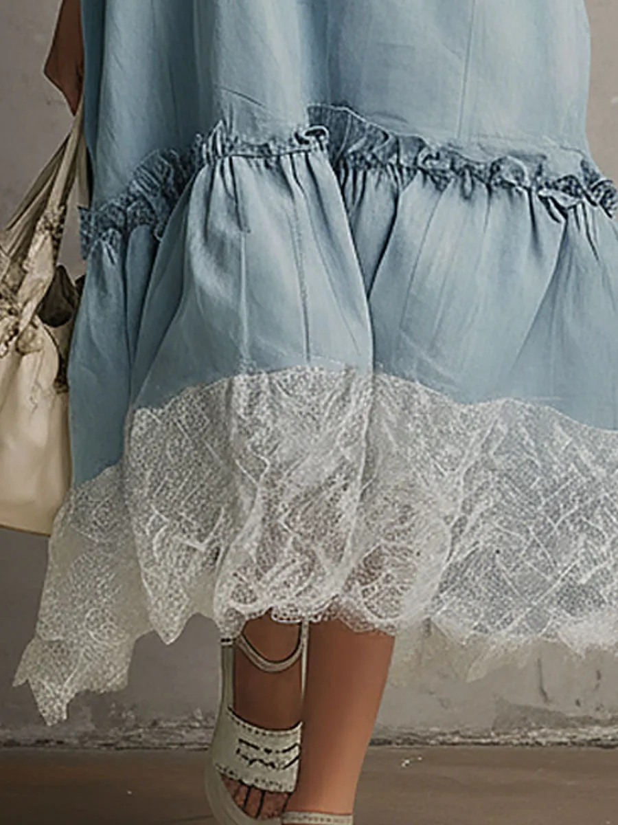 Fashionable Retro Lace Blue Denim V-neck Sleeveless Midi Dress sold by Oyrosy product image thumbnail 4