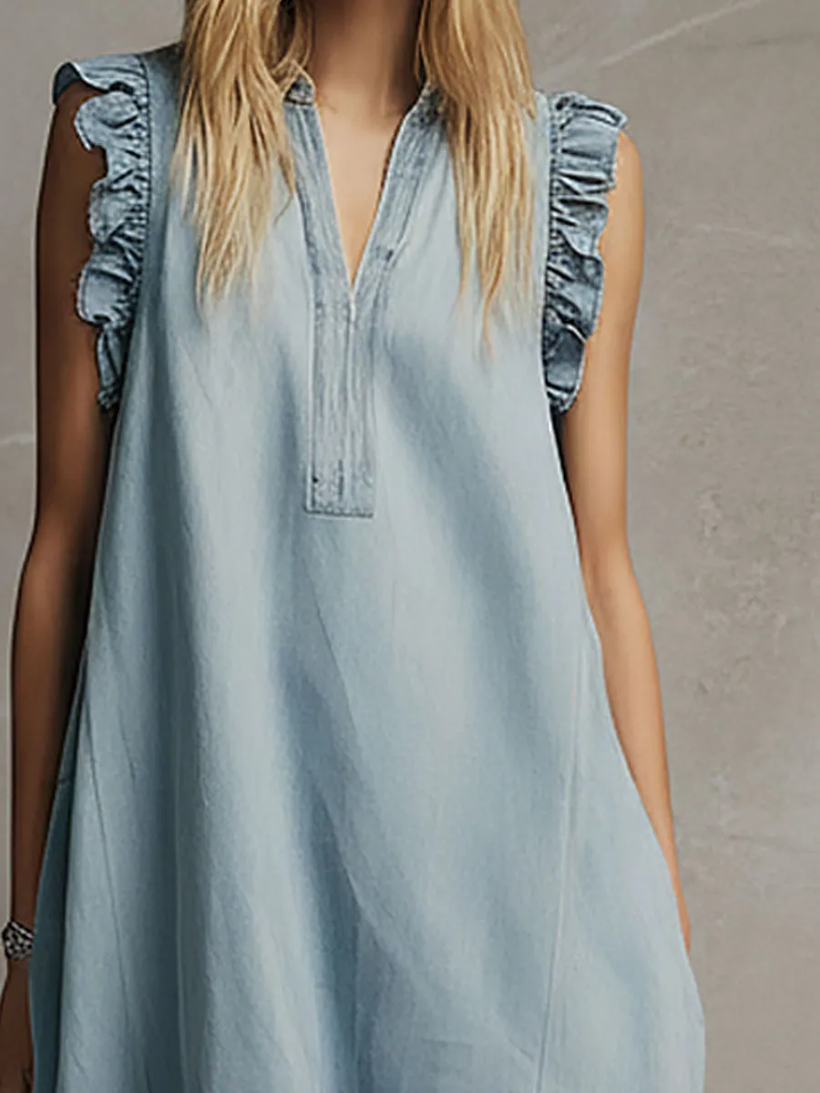 Fashionable Retro Lace Blue Denim V-neck Sleeveless Midi Dress sold by Oyrosy product image thumbnail 3