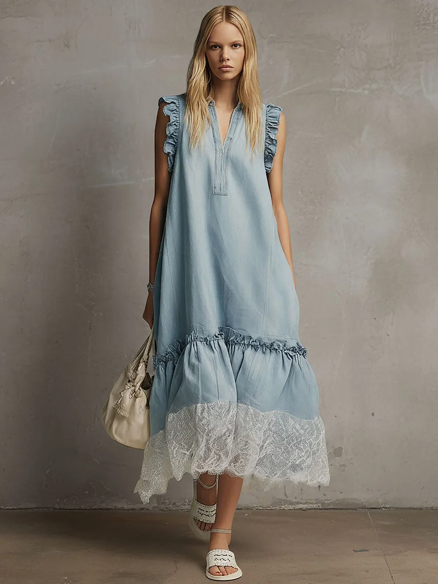 Fashionable Retro Lace Blue Denim V-neck Sleeveless Midi Dress sold by Oyrosy product image thumbnail 2
