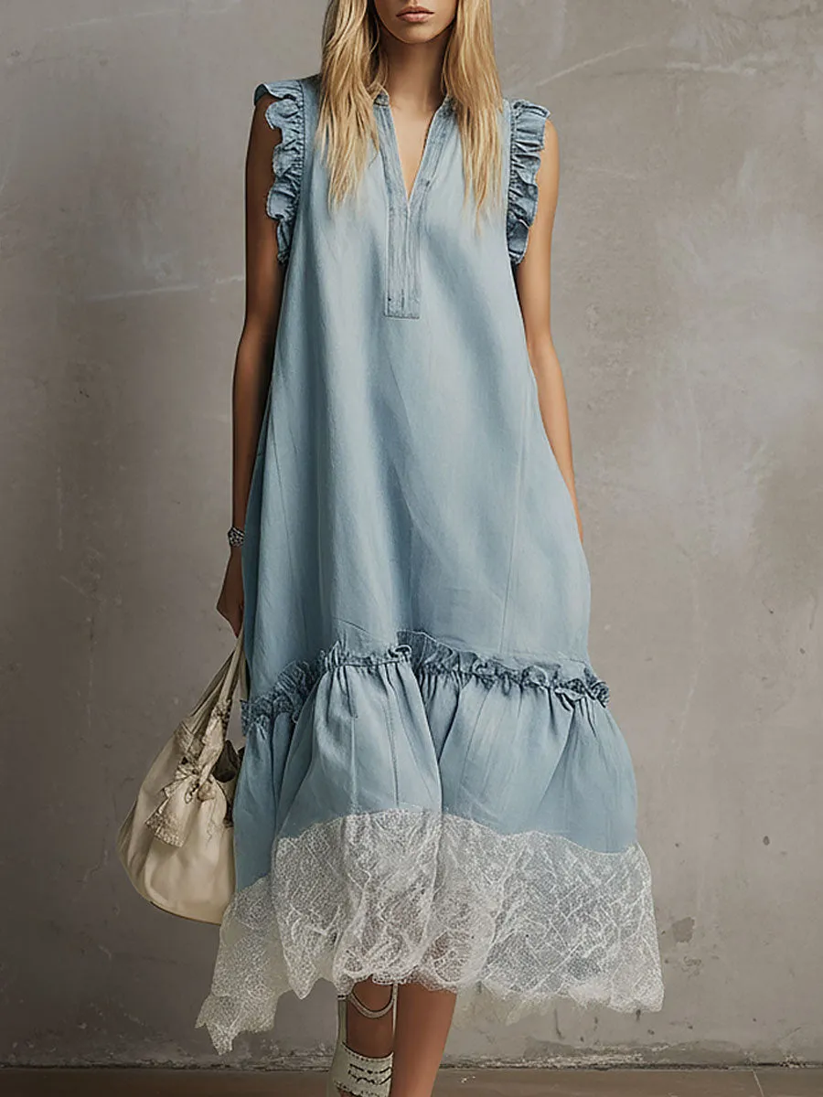 Fashionable Retro Lace Blue Denim V-neck Sleeveless Midi Dress sold by Oyrosy