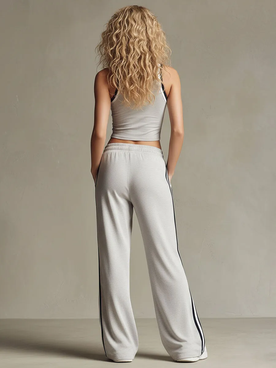 Retro Sporty Striped Webbing Light Gray Vest And Wide-leg Pants Set sold by Oyrosy product image thumbnail 3