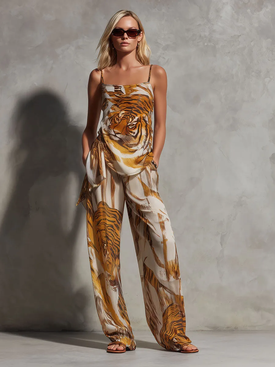 Fashionable Retro Tiger Print Yellow Chiffon Strappy Suspender Wide-leg Pants Set sold by Oyrosy product image thumbnail 2