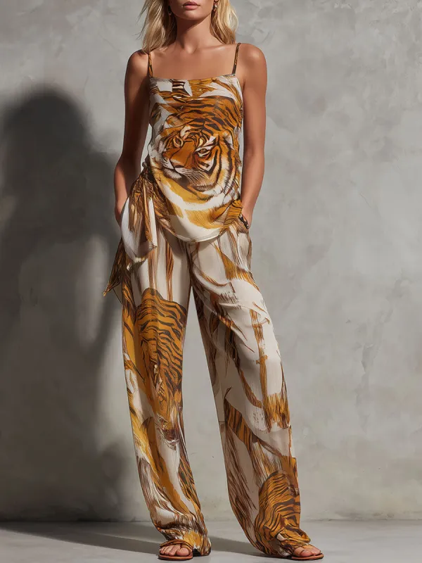 Fashionable Retro Tiger Print Yellow Chiffon Strappy Suspender Wide-leg Pants Set made by Oyrosy