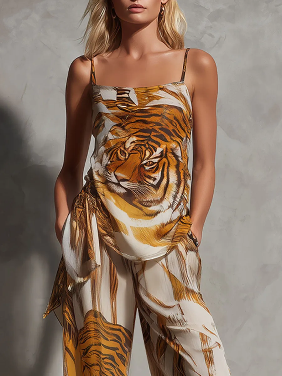 Fashionable Retro Tiger Print Yellow Chiffon Strappy Suspender Wide-leg Pants Set sold by Oyrosy product image thumbnail 4