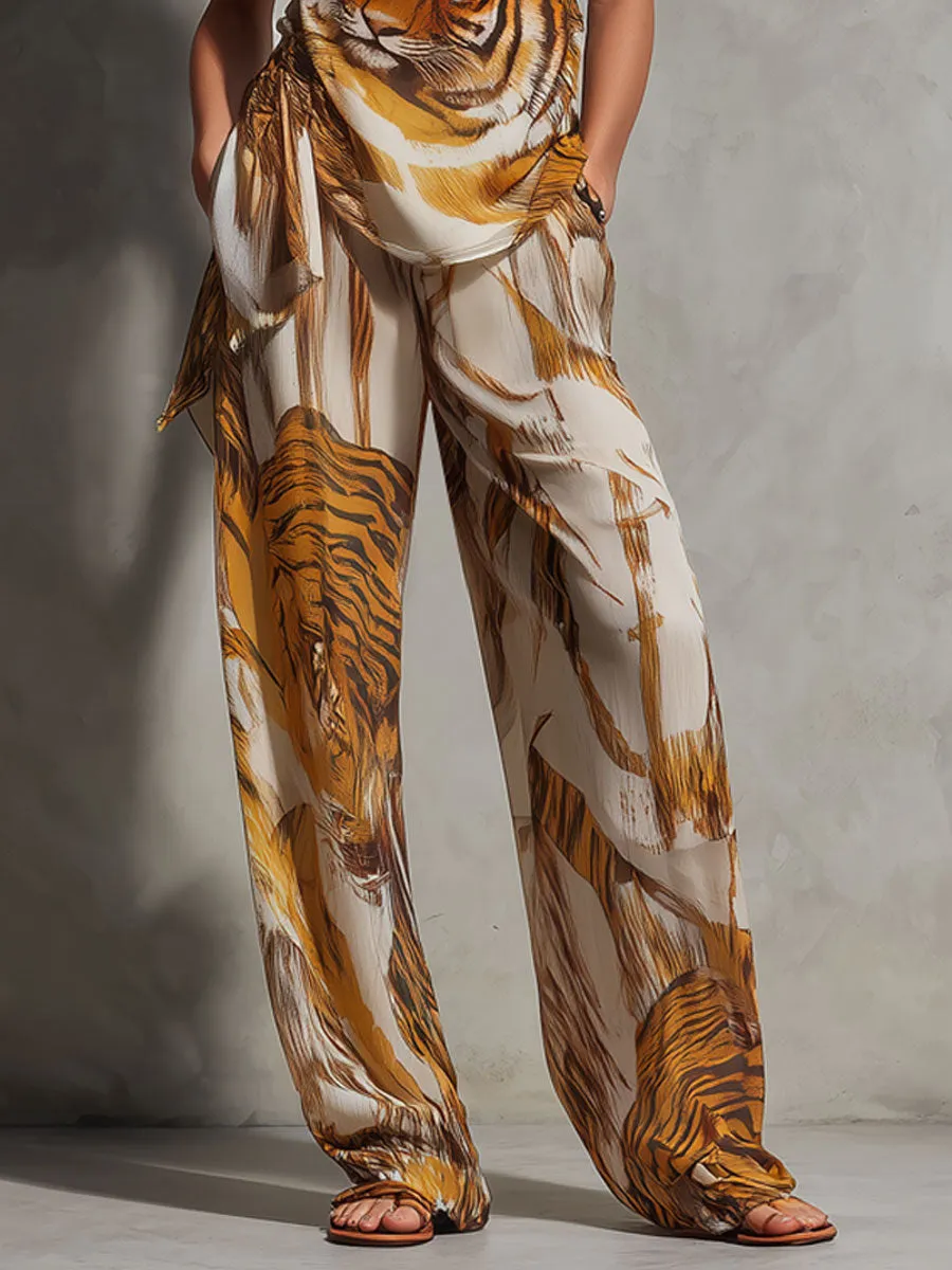 Fashionable Retro Tiger Print Yellow Chiffon Strappy Suspender Wide-leg Pants Set sold by Oyrosy product image thumbnail 5