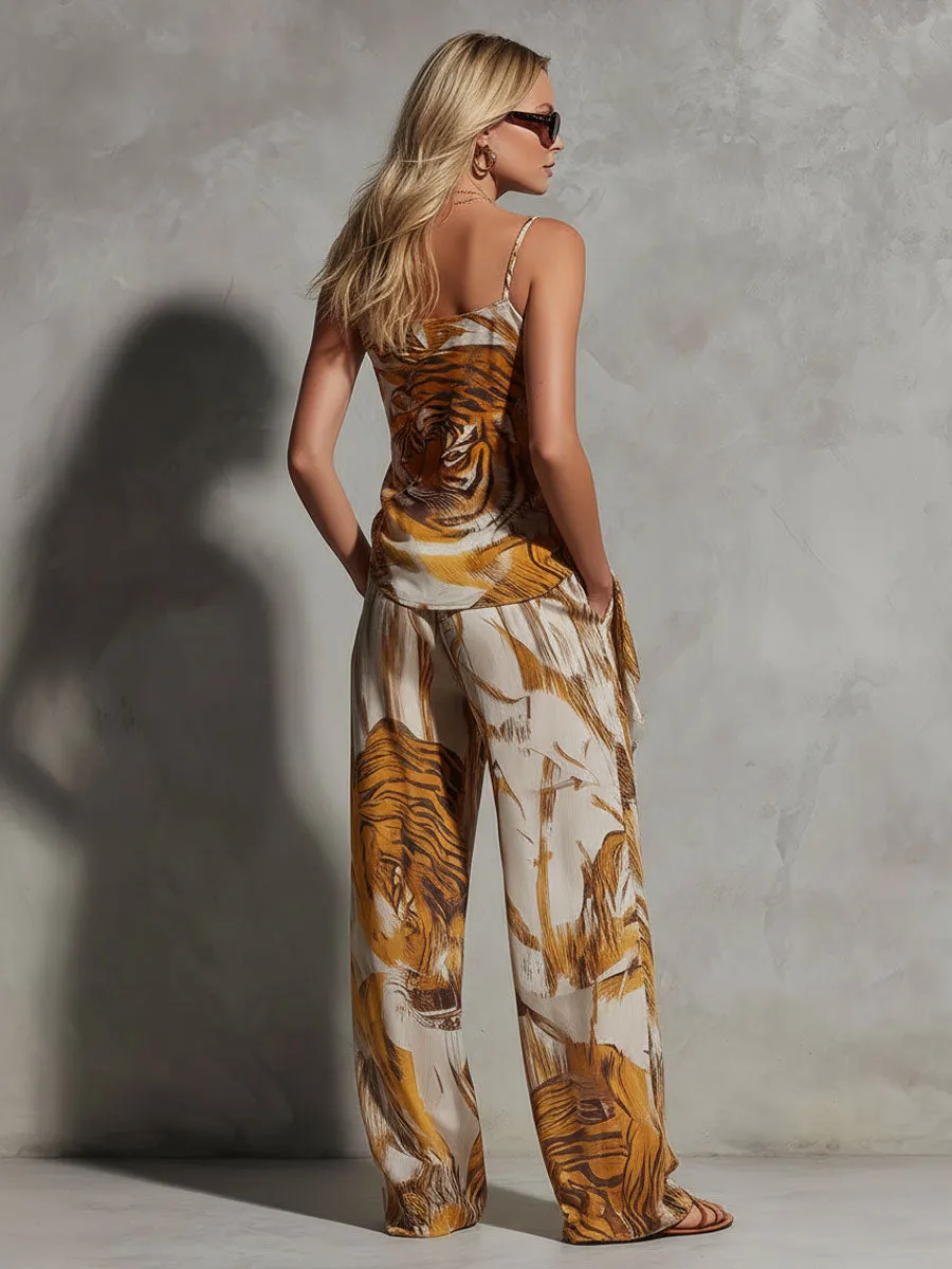 Fashionable Retro Tiger Print Yellow Chiffon Strappy Suspender Wide-leg Pants Set sold by Oyrosy product image thumbnail 3