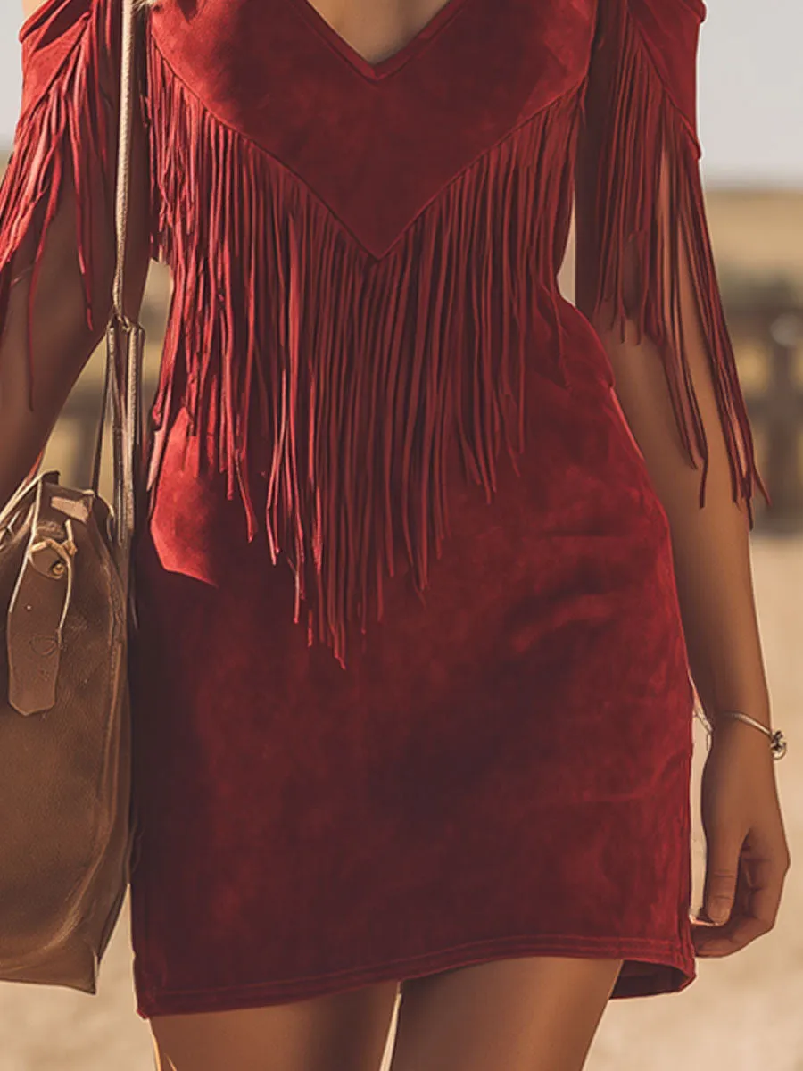 Western-style V-neck Short-sleeved Fringed Faux Suede Mini Dress sold by Oyrosy product image thumbnail 4
