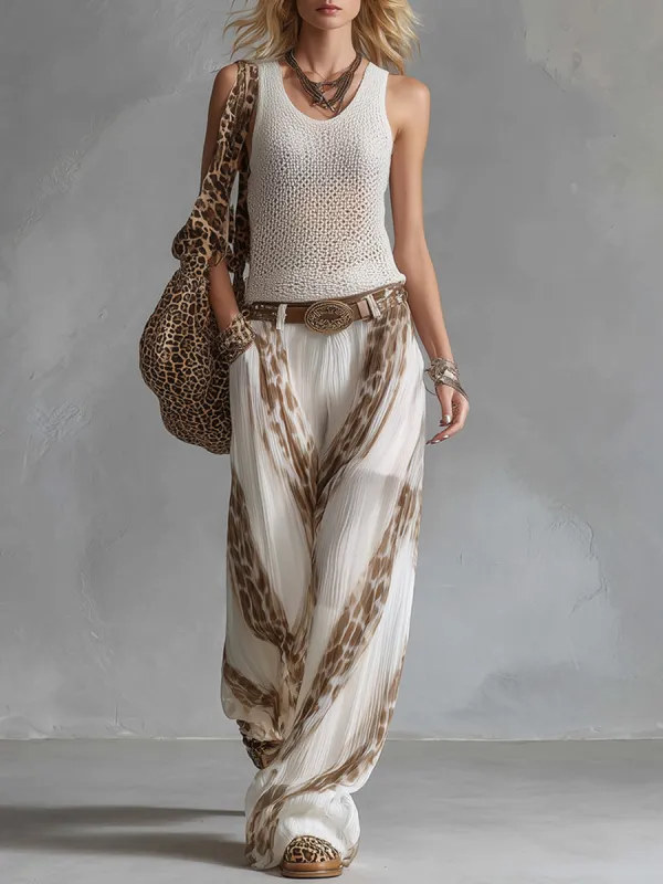 Elegant Vacation Style White Mesh Knit Tank Top Chiffon Printed Wide-leg Pants Set made by Oyrosy