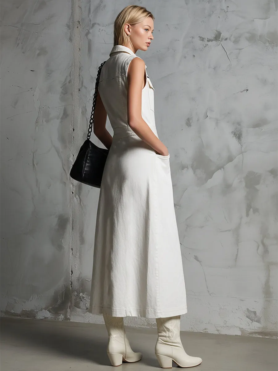 Chic Urban Color-blocked Trim White Denim Collar Sleeveless Maxi Dress sold by Oyrosy product image thumbnail 3