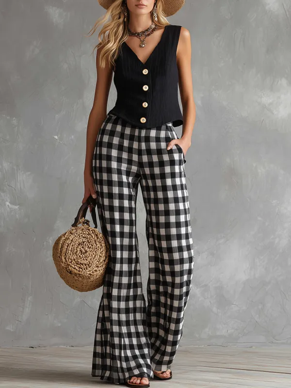 Stylish And Classic Black Vest Plaid Wide-leg Pants Cotton And Linen Set made by Oyrosy