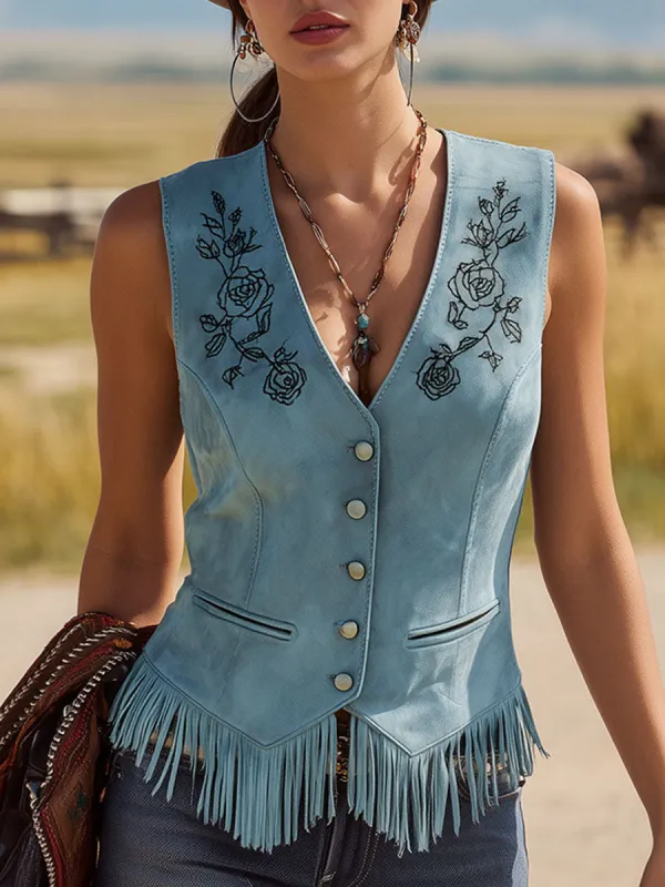 Western-style Retro Fringed Embroidered Lake Blue Sleeveless Faux Suede Shirt sold by Oyrosy