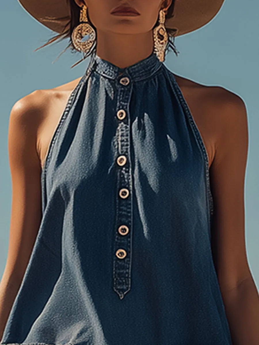 Western Retro Blue Button Sleeveless Denim Mini Dress sold by Oyrosy product image thumbnail 5