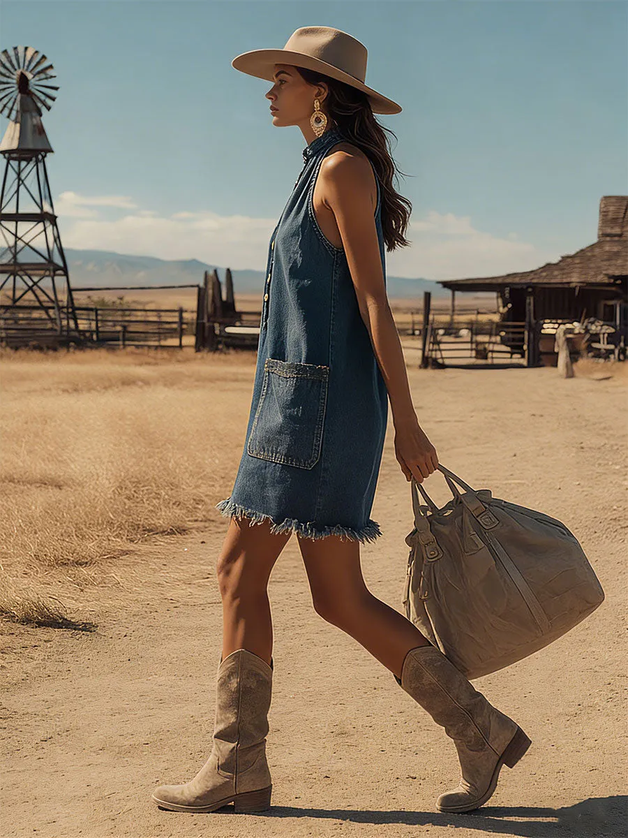 Western Retro Blue Button Sleeveless Denim Mini Dress sold by Oyrosy product image thumbnail 2