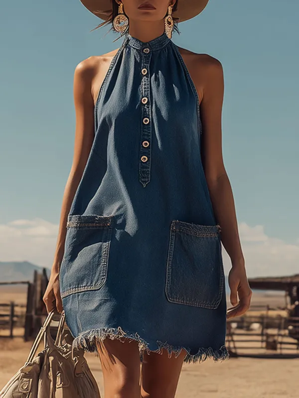 Western Retro Blue Button Sleeveless Denim Mini Dress made by Oyrosy