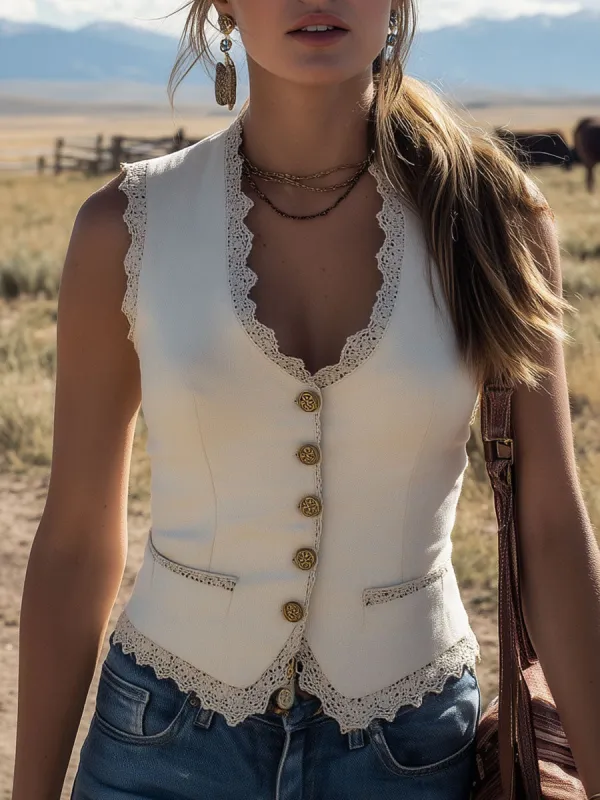 Western-style Retro Lace-trimmed White Faux Suede Sleeveless Vest sold by Oyrosy