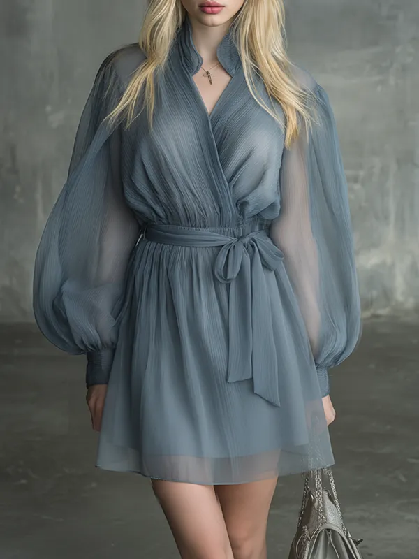 Beautiful And Stylish Cross-neck Long-sleeved A-line Chiffon Mini Dress made by Oyrosy