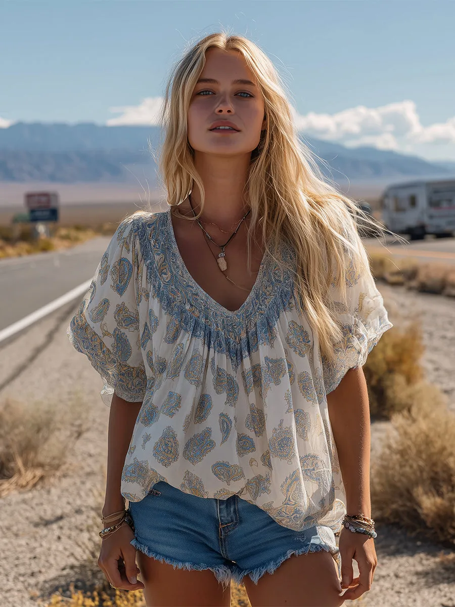 Retro White Paisley Print Chiffon V-neck T-shirt sold by Oyrosy product image thumbnail 4