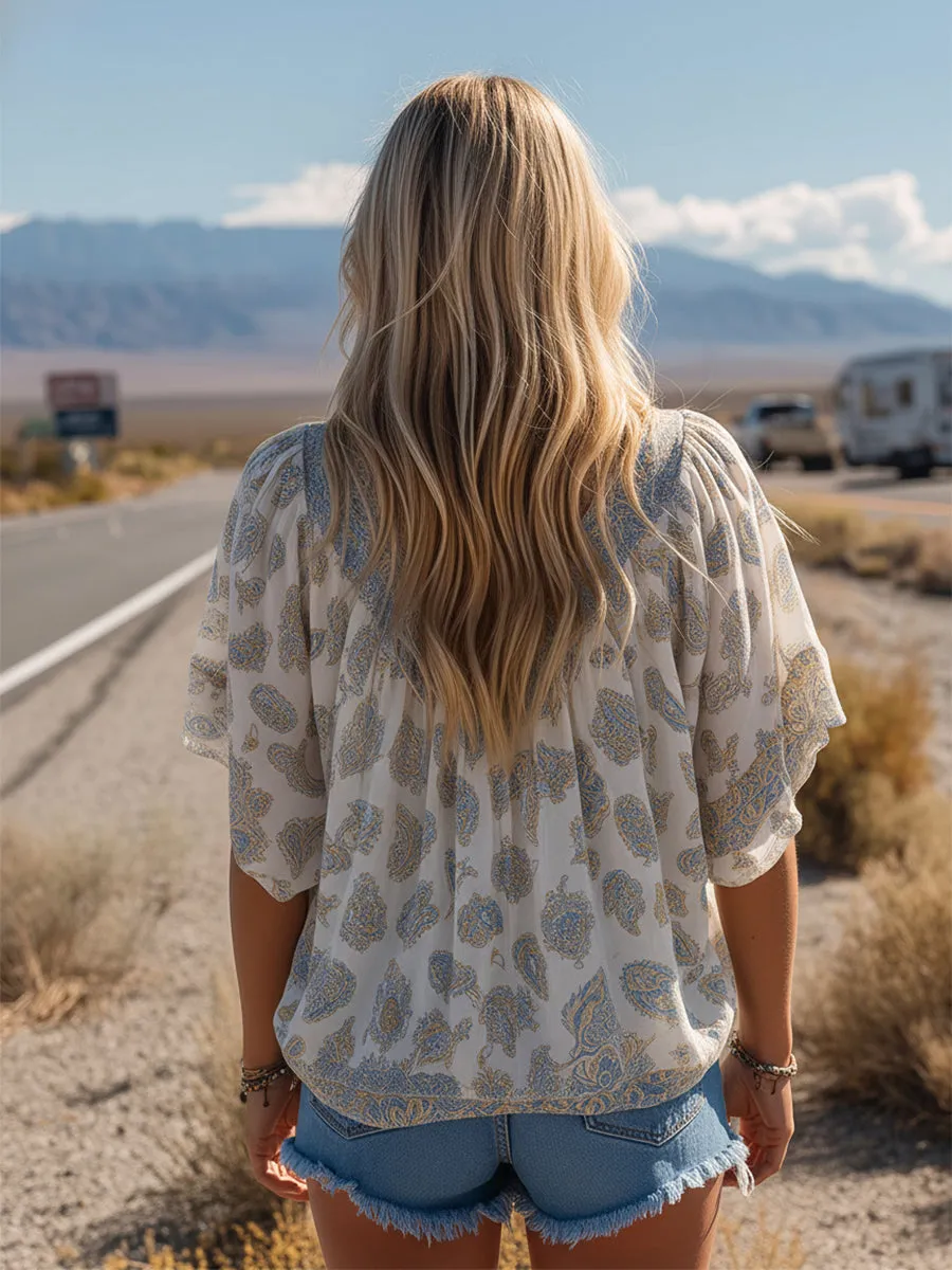 Retro White Paisley Print Chiffon V-neck T-shirt sold by Oyrosy product image thumbnail 3