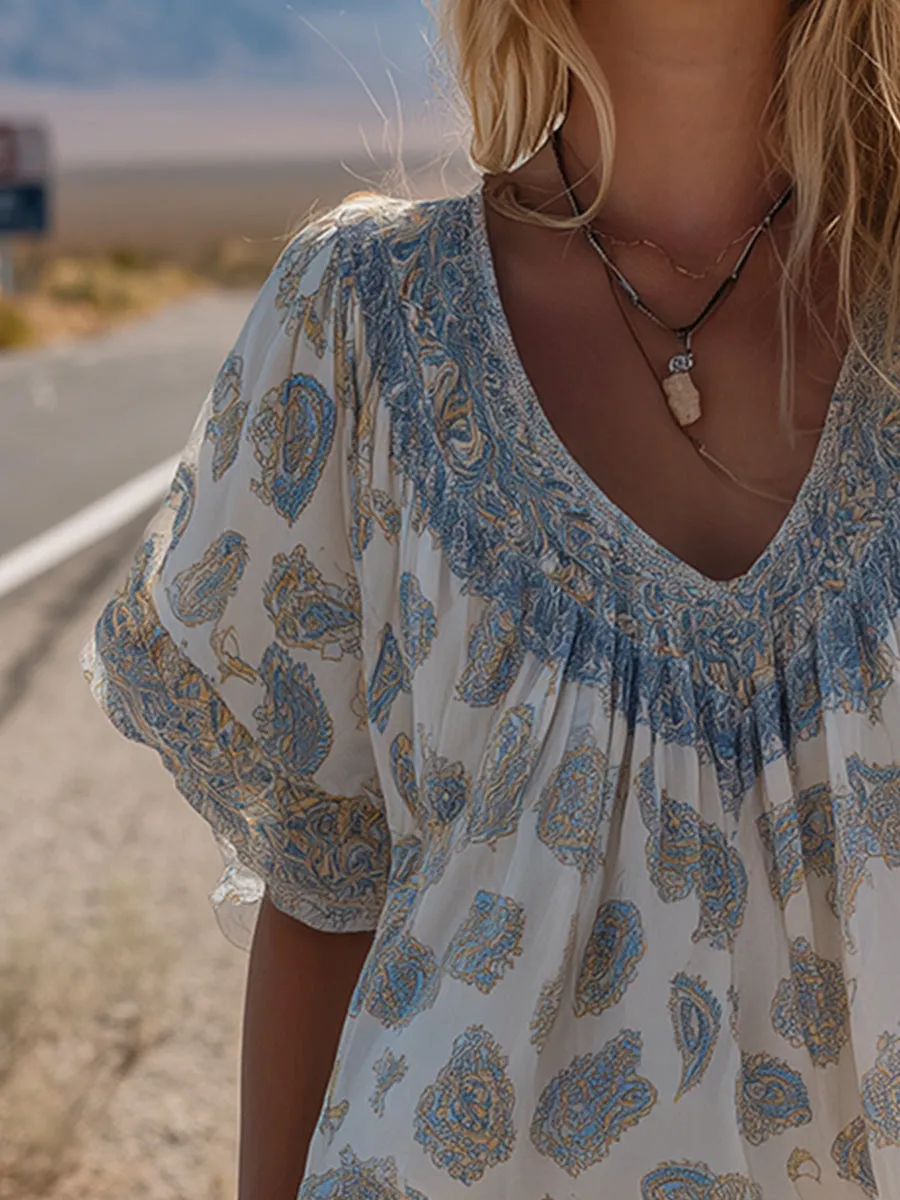 Retro White Paisley Print Chiffon V-neck T-shirt sold by Oyrosy product image thumbnail 5