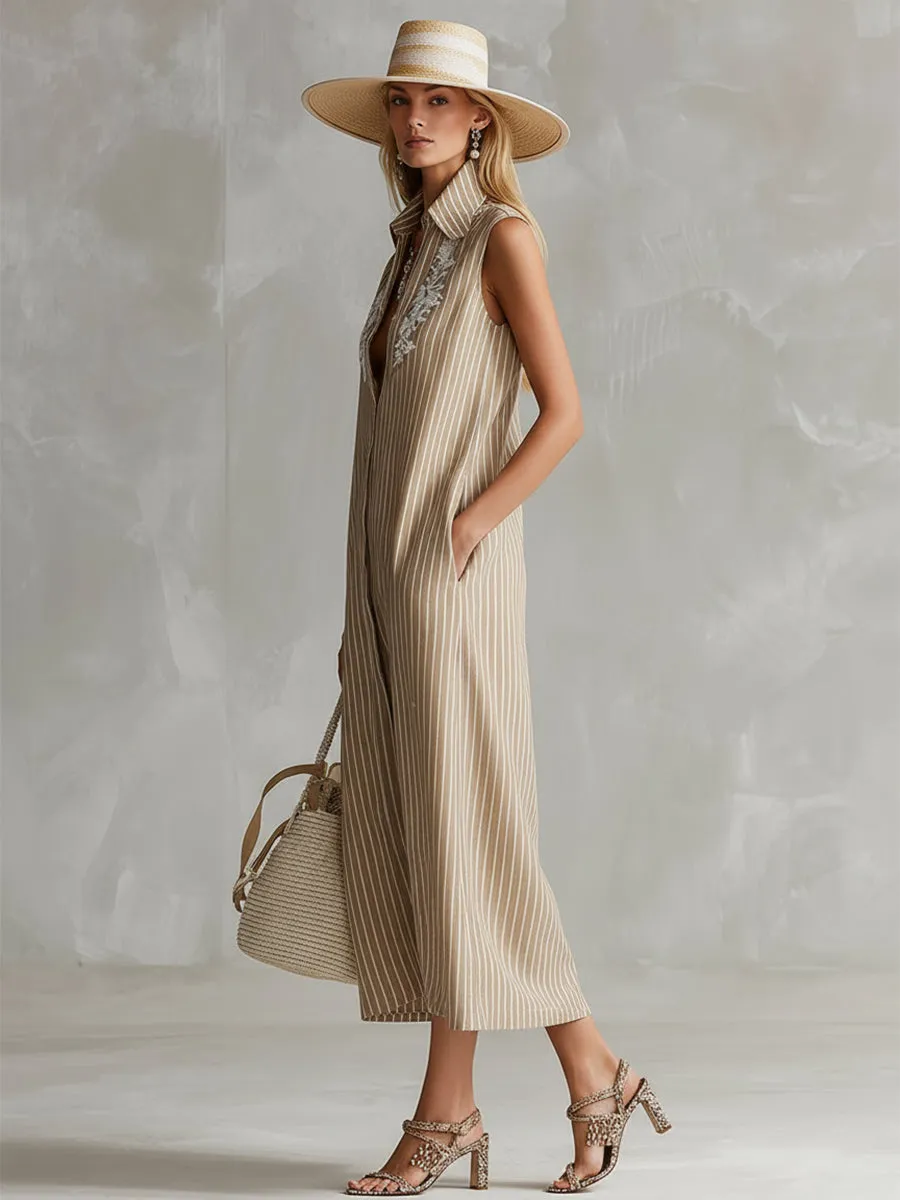 Elegant Urban Khaki Striped Embroidered Collared Sleeveless Midi Dress sold by Oyrosy product image thumbnail 2