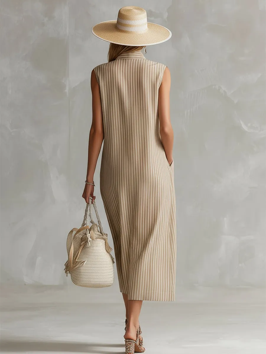 Elegant Urban Khaki Striped Embroidered Collared Sleeveless Midi Dress sold by Oyrosy product image thumbnail 3