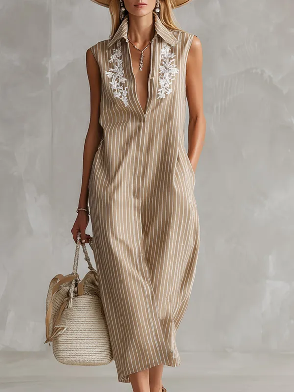 Elegant Urban Khaki Striped Embroidered Collared Sleeveless Midi Dress made by Oyrosy