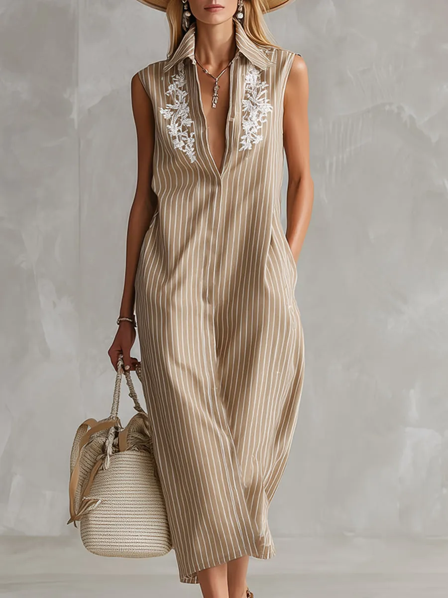 Elegant Urban Khaki Striped Embroidered Collared Sleeveless Midi Dress sold by Oyrosy