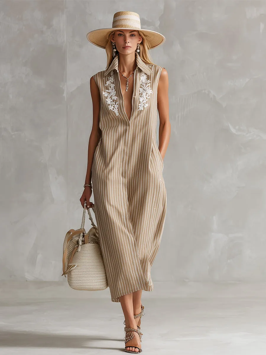 Elegant Urban Khaki Striped Embroidered Collared Sleeveless Midi Dress sold by Oyrosy product image thumbnail 4