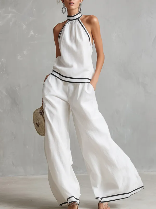 Elegant Minimalist Trimmed White Cotton Linen Halter Neck Top And Wide-leg Pants Set made by Oyrosy
