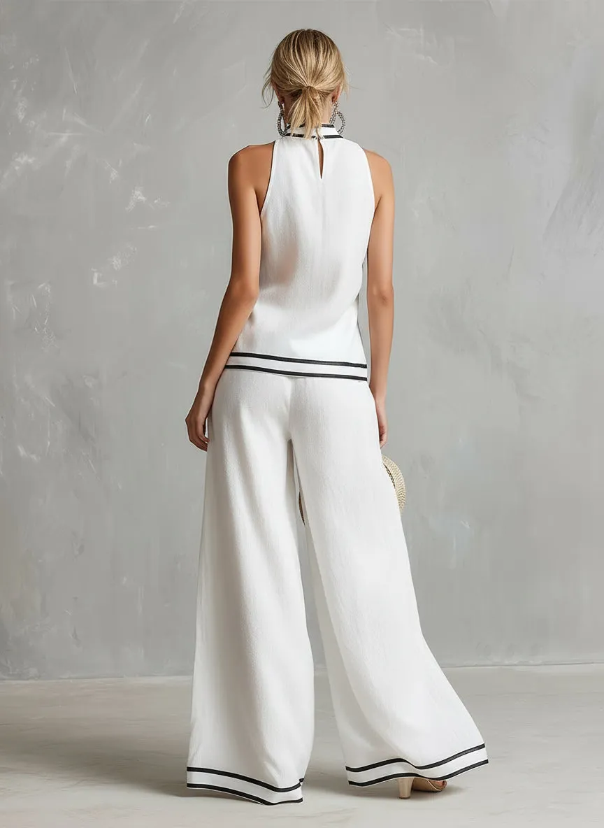 Elegant Minimalist Trimmed White Cotton Linen Halter Neck Top And Wide-leg Pants Set sold by Oyrosy product image thumbnail 3
