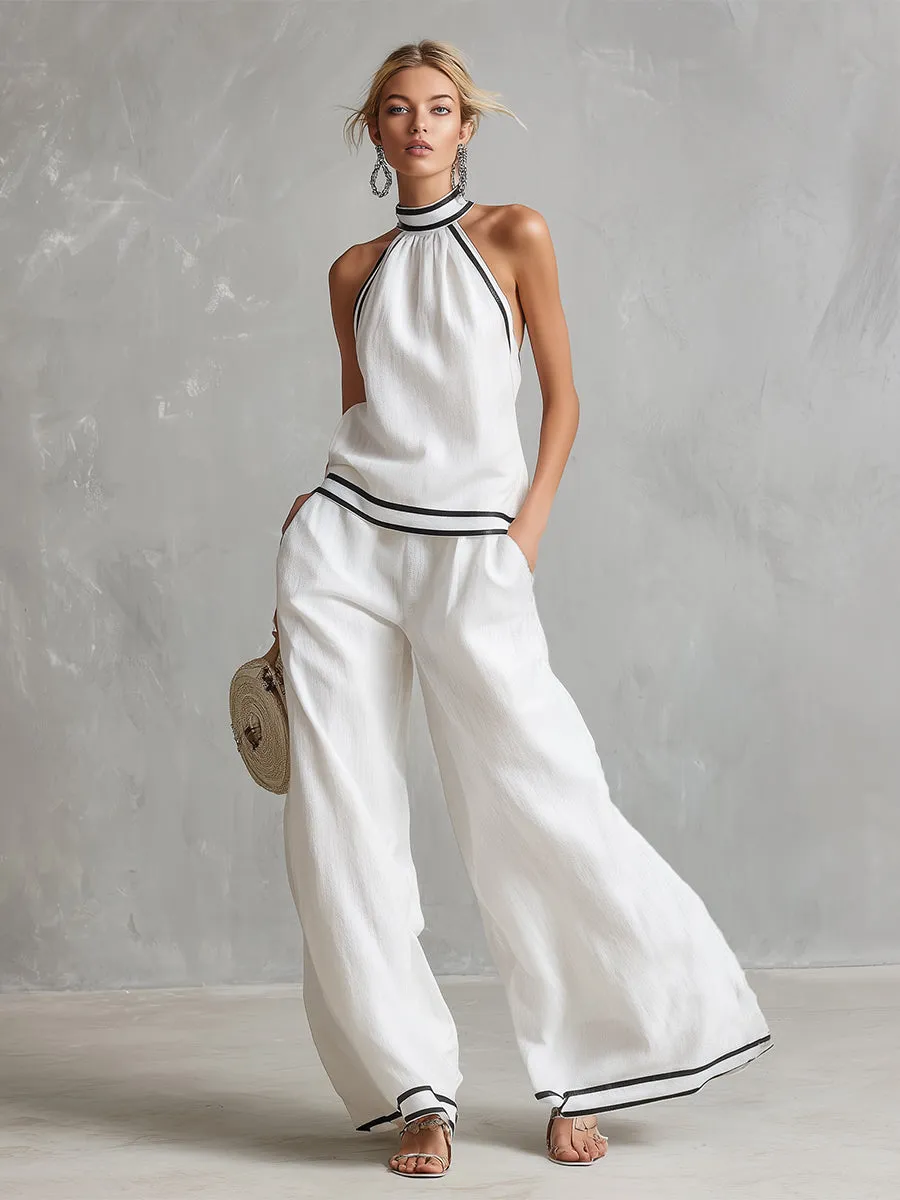 Elegant Minimalist Trimmed White Cotton Linen Halter Neck Top And Wide-leg Pants Set sold by Oyrosy product image thumbnail 4