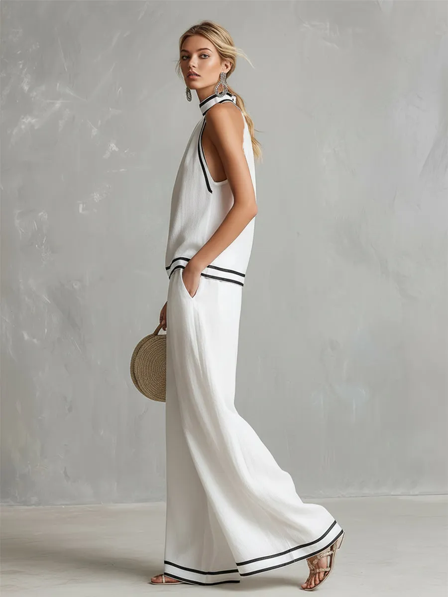 Elegant Minimalist Trimmed White Cotton Linen Halter Neck Top And Wide-leg Pants Set sold by Oyrosy product image thumbnail 2