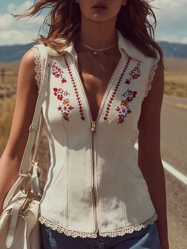 Western Bohemian Misty Embroidered Off-White Faux Suede Lace Vest sold by Oyrosy