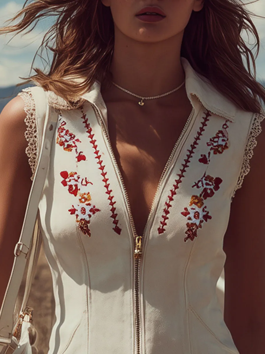 Western Bohemian Misty Embroidered Off-White Faux Suede Lace Vest sold by Oyrosy product image thumbnail 5