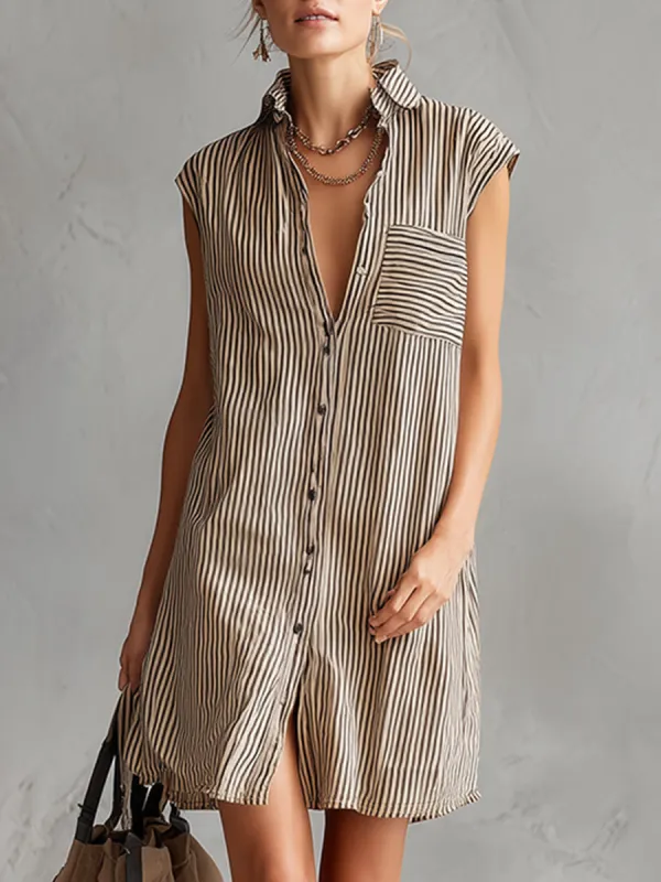 Elegant And Casual Khaki Striped Collared Front Button Sleeveless Mini Dress made by Oyrosy