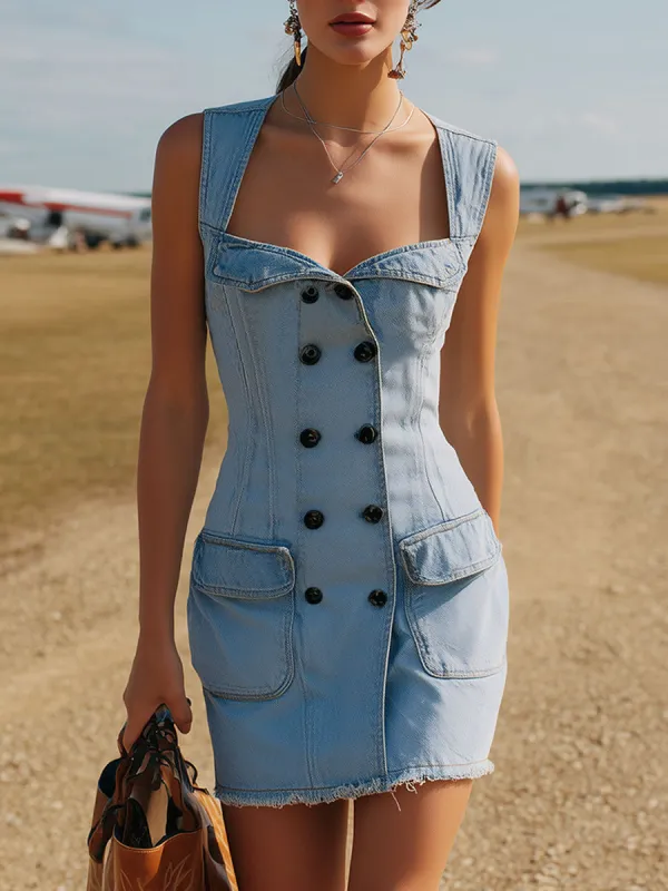 Western Retro Black Double-breasted Blue Sleeveless Denim Mini Dress sold by Oyrosy