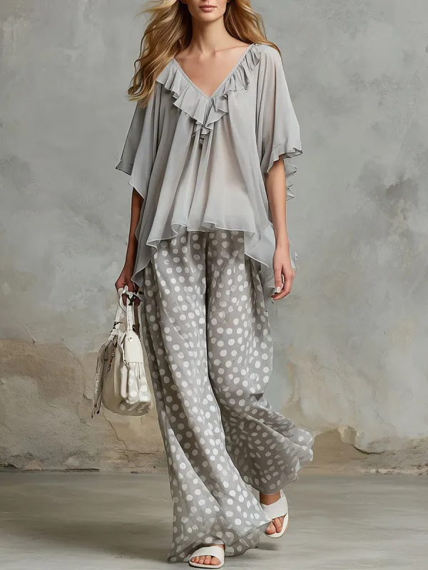 Retro Gray Ruffled Short-sleeved Chiffon Blouse And Polka Dot Trousers Set made by Oyrosy
