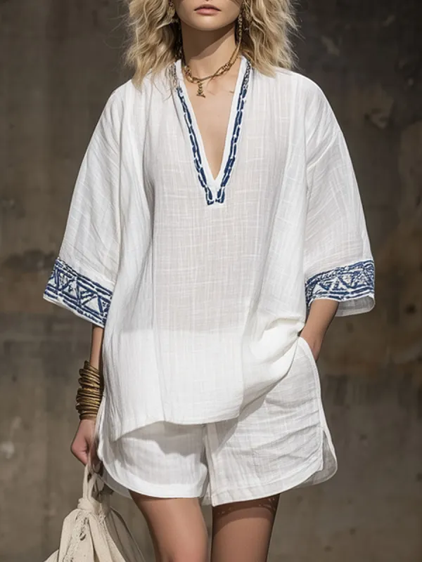 Bohemian Embroidered White Cotton And Linen Short-sleeved Shirt And Shorts Set made by Oyrosy