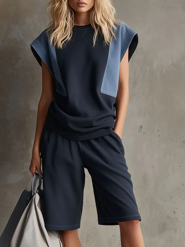 Casual Retro Denim Patchwork Navy Blue Short-sleeved Sweatshirt And Shorts Set made by Oyrosy