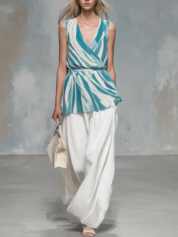 Stylish And Casual Sleeveless V-neck Striped Top And Wide-leg Trousers Set made by Oyrosy