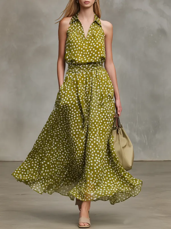 Stylish And Relaxed Sleeveless Shirt Collar A-line Polka Dot Print Chiffon Maxi Dress made by Oyrosy